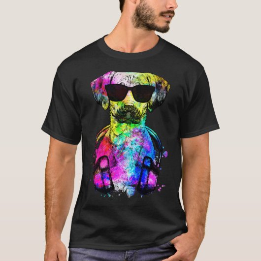 Retro Pop Black Mouth Cur Dog Portrait with Headph T-shirt (Voorkant)