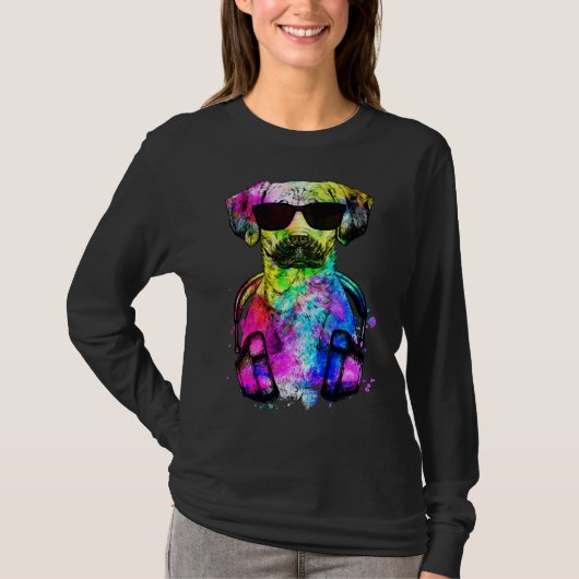 Retro Pop Black Mouth Cur Dog Portrait with Headph T-shirt (Voorkant)