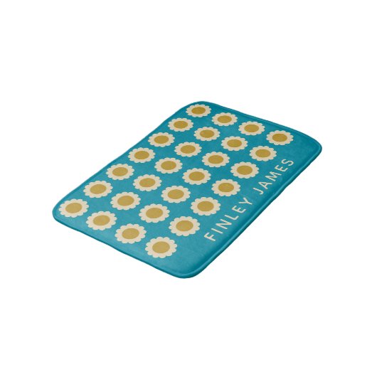 Retro Pop Flowers Pattern Turquoise Personalized Badmat (Gekanteld)