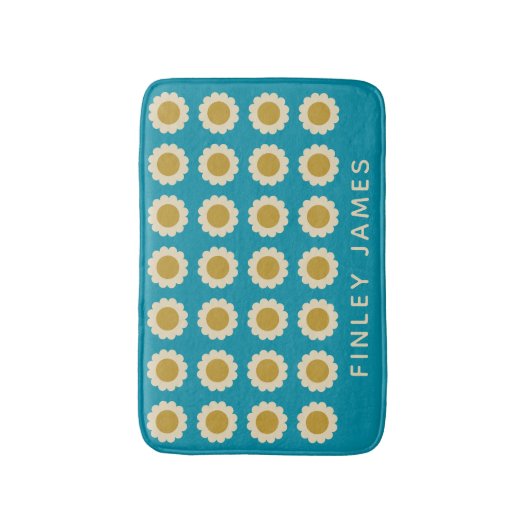 Retro Pop Flowers Pattern Turquoise Personalized Badmat (Voorkant Verticaal)