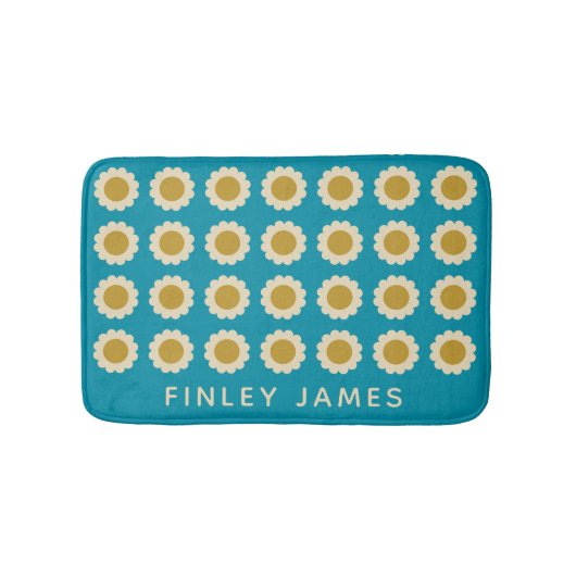 Retro Pop Flowers Pattern Turquoise Personalized Badmat (Voorkant)