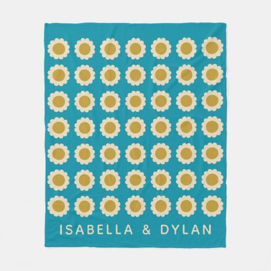 Retro Pop Flowers Pattern Turquoise Personalized Fleece Deken (Voorkant)