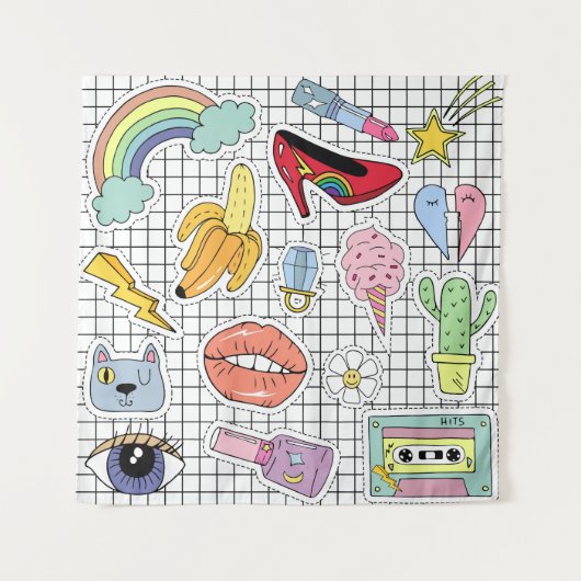 Retro Pop Kunst: Badge Collectie Wandkleed (Voorkant)