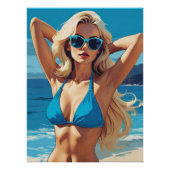 Retro Pop Kunst: Glamoureus Blonde in Blauw Bikini Perfect Poster (Voorkant)