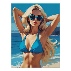 Retro Pop Kunst: Glamoureus Blonde in Blauw Bikini Perfect Poster