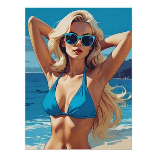 Retro Pop Kunst: Glamoureus Blonde in Blauw Bikini Perfect Poster (Voorkant)
