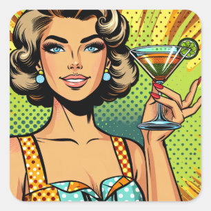 Retro Pop Kunst Vrouw met Cocktail   Proost Vierkante Sticker