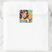 Retro Pop Kunst Vrouw met Cocktail Vierkante Sticker (Tas)