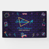 Retro Pop Neon Kinder Verjaardag Bash Spandoek (Horizontaal)