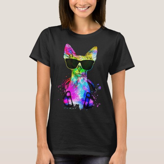 Retro Pop Sphynx Kattenportret met Hoofdtelefoon T-shirt (Voorkant)
