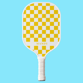 Retro Pop Sunny Yellow Checkerboard Custom Name Pickleball Paddle