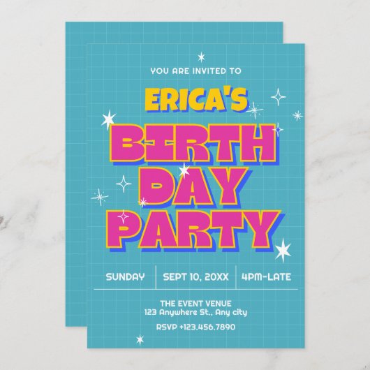 Retro pop verjaardagsfeestje kaart (Voorkant / Achterkant)