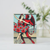 Retro PopArt Devil Met ballerina in een Poppy Jurk Briefkaart (Staand voorkant)