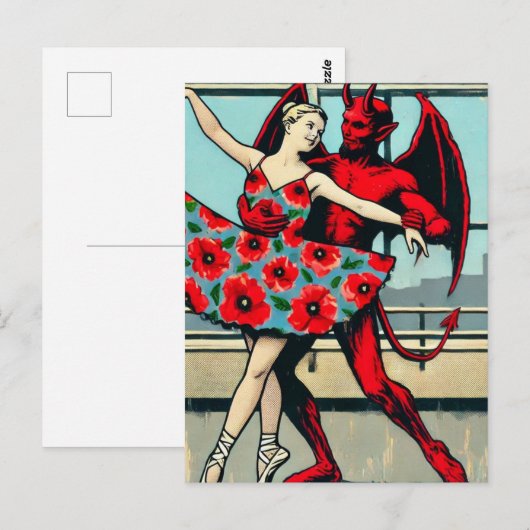 Retro PopArt Devil Met ballerina in een Poppy Jurk Briefkaart (Voorkant / Achterkant)