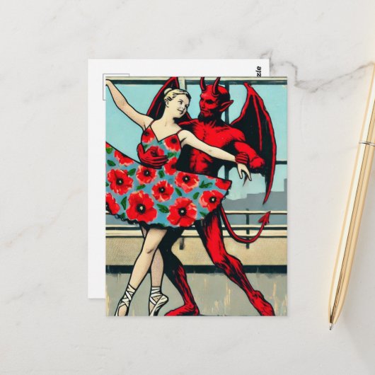 Retro PopArt Devil Met ballerina in een Poppy Jurk Briefkaart (Voorkant / Achterkant in situ)
