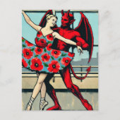Retro PopArt Devil Met ballerina in een Poppy Jurk Briefkaart (Voorkant)