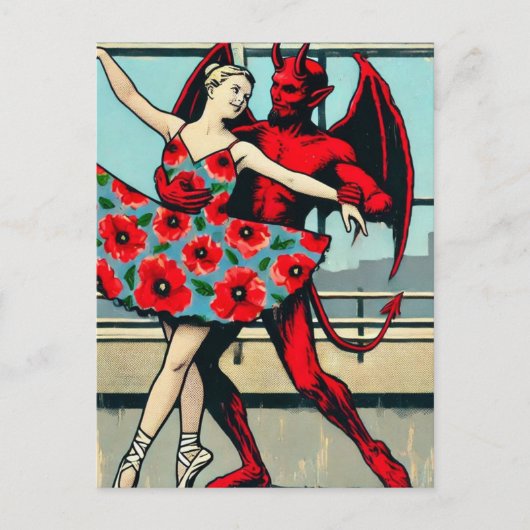 Retro PopArt Devil Met ballerina in een Poppy Jurk Briefkaart (Voorkant)