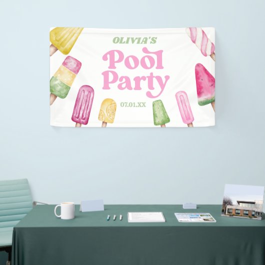 Retro Popsicle Verjaardag Zwembad Party Spandoek (Beurs)