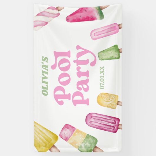Retro Popsicle Verjaardag Zwembad Party Spandoek (Verticaal)