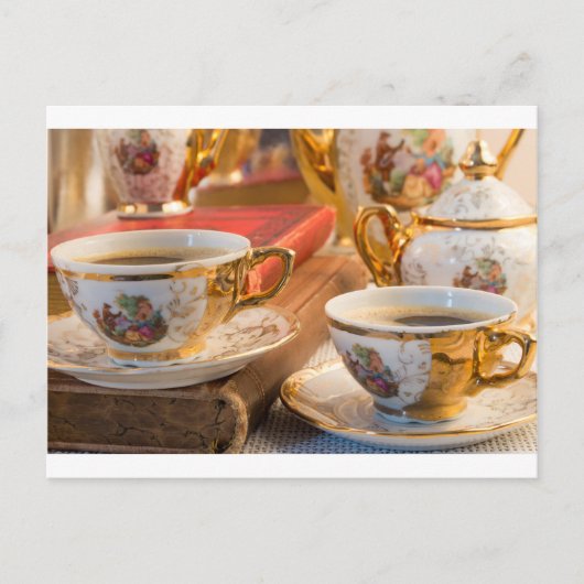 Retro porcelain koffiebekertjes met hete espresso briefkaart (Voorkant)