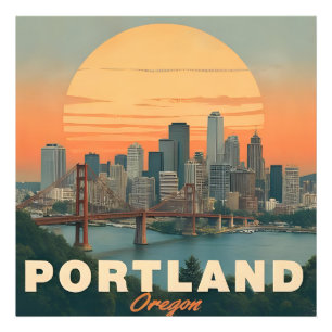 Retro Portland Oregon Skyline Vintage Reizen Foto Afdruk