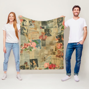 Retro Portret Orchidee Krant Botanische Collage Fleece Deken