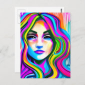 Retro Portret van een Vrouw met Regenbooghaar Briefkaart (Voorkant / Achterkant)