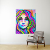 Retro Portret van een Vrouw met Regenbooghaar Wandkleed (In situ)