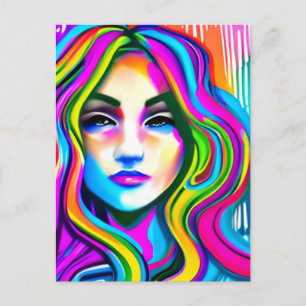 Retro portret van een vrouw met regenboogkleurig h briefkaart