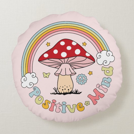 Retro Positieve paddenstoel Boho Hippie Sierkussen Rond Kussen (Achterkant)