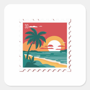 Retro Post Stamp - Strand, Palm, Oceaan en Zonsond Vierkante Sticker