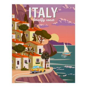 Retro poster Italië, romantisch mediterraan uitzic