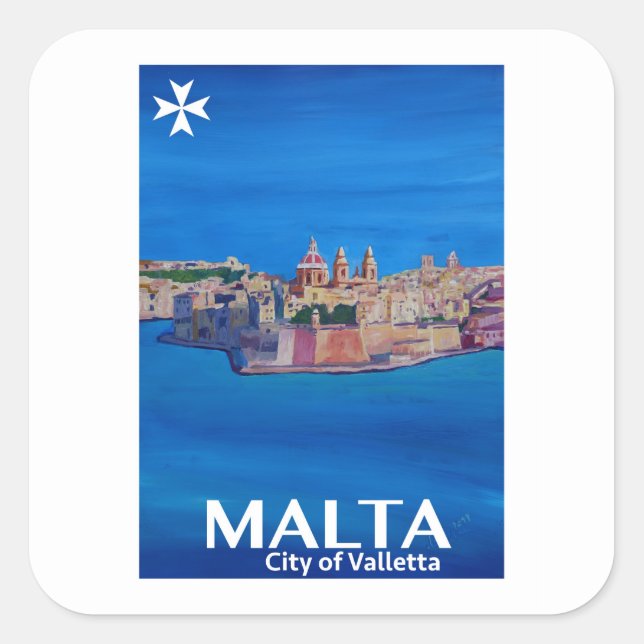 Retro Poster Malta Valetta - Stad Knachten Vierkante Sticker (Voorkant)