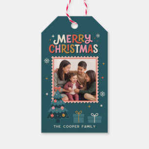 Retro Postzegel Prettig Kerstmis Foto Cadeaulabel