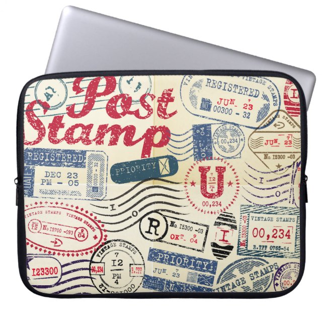 Retro postzegels,  collectie. laptop sleeve (Voorkant)