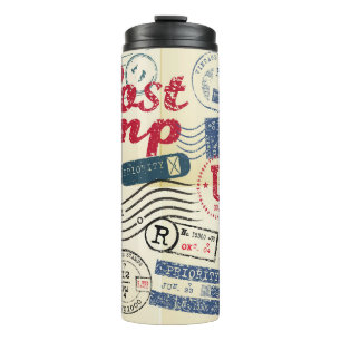 Retro postzegels, collectie. thermosbeker