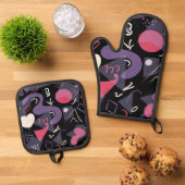 Retro pot houder en oven handschoen set (Top down)