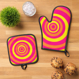 Retro Potholders Roze Sinaasappel gele cirkels Ovenwant & Pannenlap Set