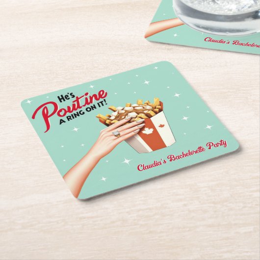 Retro Poutine een Ring erop! Montreal Bachelorette Kartonnen Onderzetters (Schuin)
