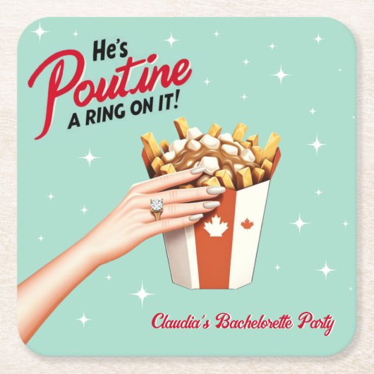 Retro Poutine een Ring erop! Montreal Bachelorette Kartonnen Onderzetters (Voorkant)