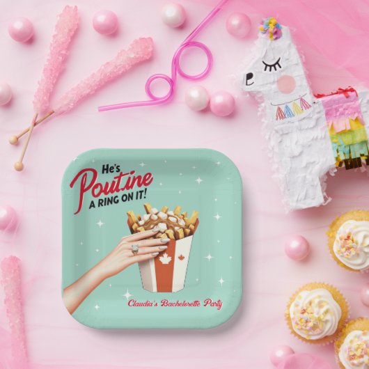 Retro Poutine een Ring erop! Montreal Bachelorette Papieren Bordje (Feest)