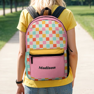 Retro Preppy Kleurrijk Geruit Colorblock Bedrukte Rugzak