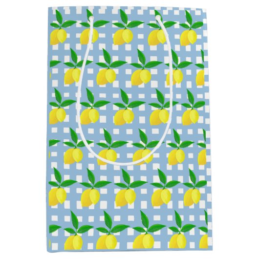 Retro Preppy Style Yellow Lemons Blue White Check Medium Cadeauzakje (Voorkant)