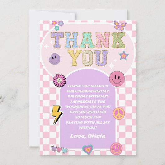 Retro Preppy Varsity Patch Verjaardagsfeestje Bedankkaart (Voorkant)