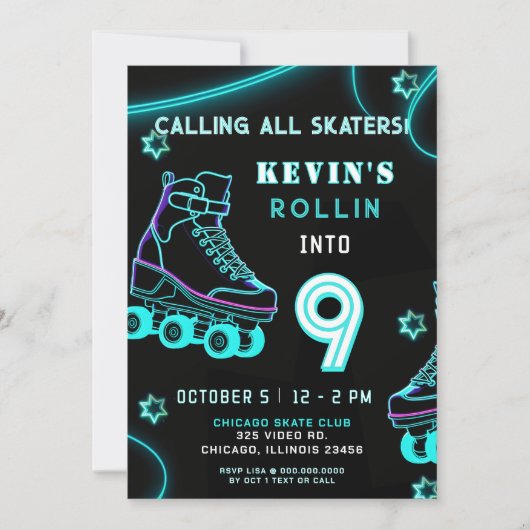 Retro Pret Neon Glow Roller Schaats Verjaardag Kaart (Voorkant)