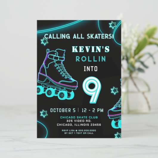 Retro Pret Neon Glow Roller Schaats Verjaardag Kaart (Staand voorkant)