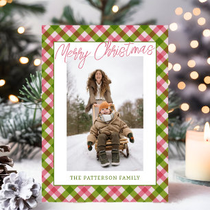Retro Pret Roze Groen Geruit Plaid Foto Kerstmis Feestdagenkaart