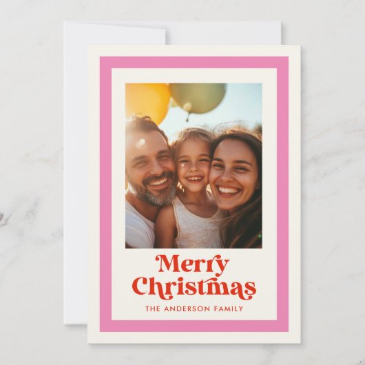 Retro Prettig Kerstfeest Roze Regenboog Frame 1 Fo Feestdagenkaart (Voorkant)