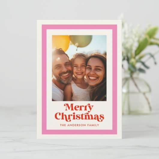 Retro Prettig Kerstfeest Roze Regenboog Frame 1 Fo Feestdagenkaart (Staand voorkant)