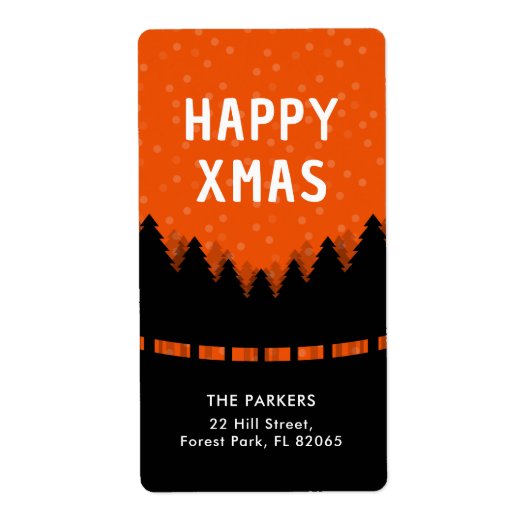 Retro Prettig Kerstmis met pijnbomen en sneeuw Etiket (Voorkant)